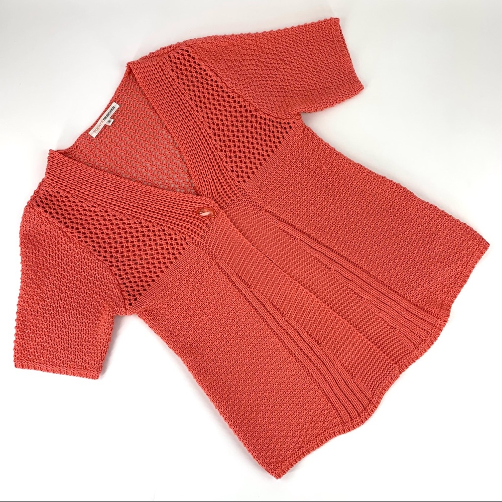 Today's Designer Salmon Pink Single Button Short Sleeve Knit Cardigan, Medium